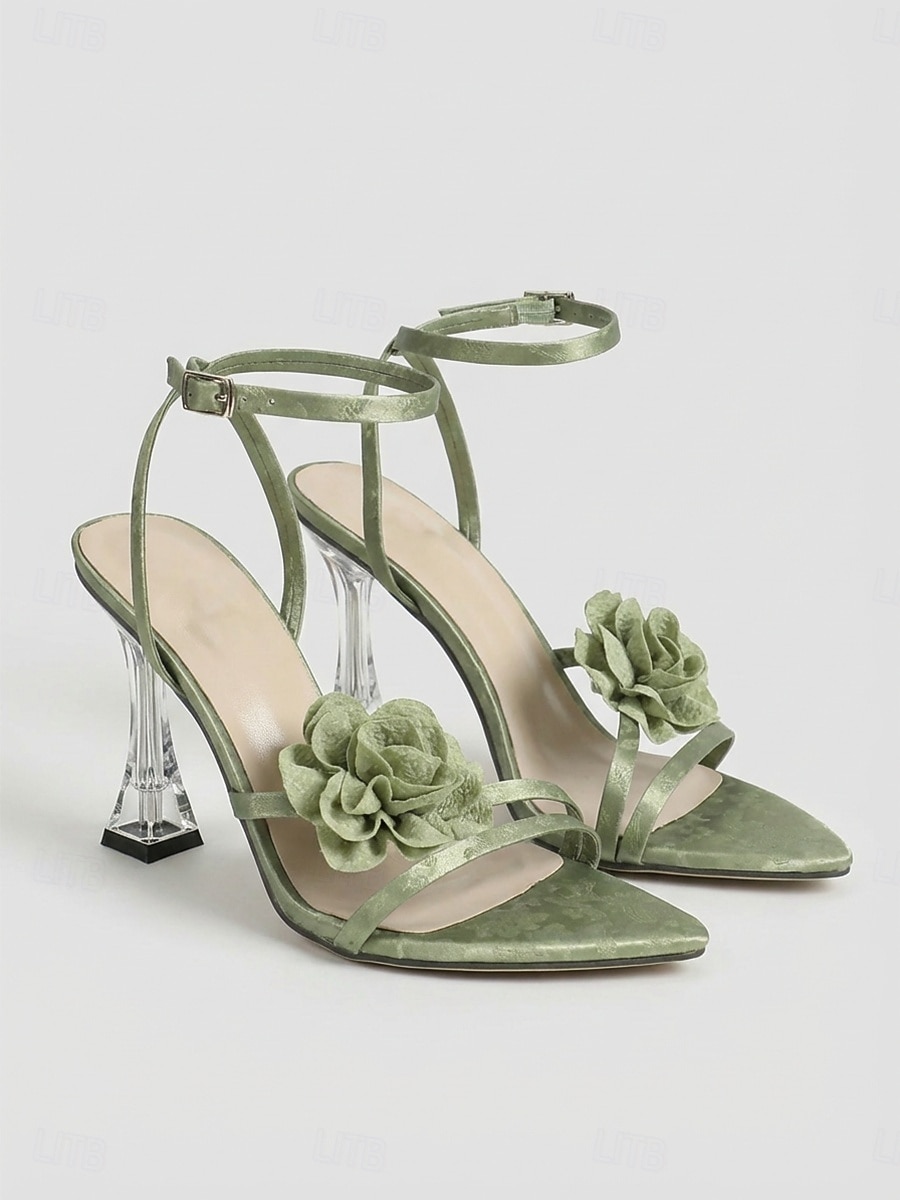 Women's Green Floral Strap High Heel Sandals, Elegant Clear Heel Dress Shoes for Wedding Guest, City Wedding & Formal Events 2026 - $46.99 –P1