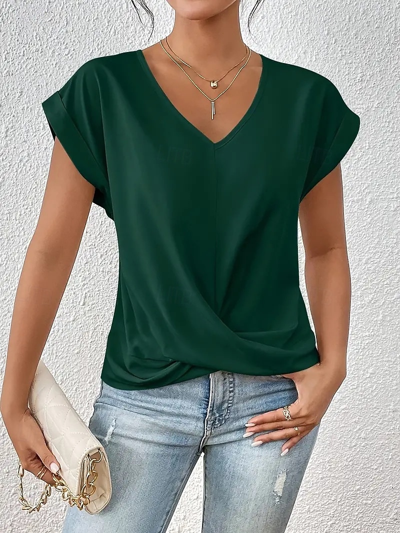 Per donna Maglietta Arricciato Semplice Moda Elegante Classico Manica Corta Scollo a V Top Regolari Quotidiano Uscire Weekend Blu Nero Bianco Vino Rosso Estate Primavera del 2026 a $19.99 –P9