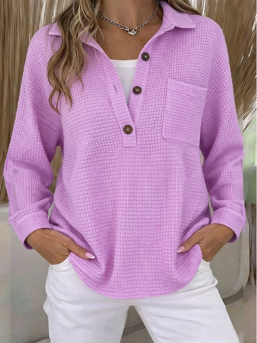 Damen Pullover Sweatshirt Knöpfe Einfach Lässig Langarm Revers Normale Oberteile Straße Alltagskleidung Blau Weiß Rosa Dunkelpink Purpur Frühling Herbst Winter 2026 - $27.99 –P2