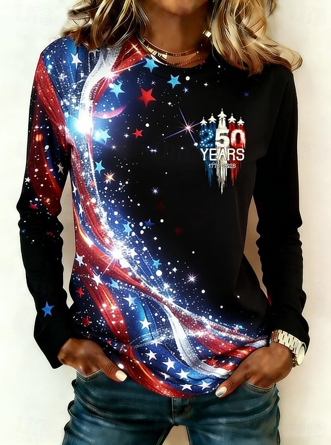 Independence Day American Anniversary Patriotic Women's T Shirt Print Graphic Flag American Flag Stylish Classic Casual Long Sleeve Crew Neck Regular Tops Daily White Summer Spring 2026 - $24.99 –P2