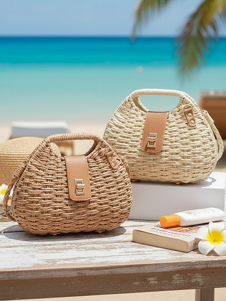 Damväska i vävd stråaxelrem, beige och khakifärger, lätt sommarväska med justerbar rem, bohemisk chic-stil, perfekt för semester, resor och vardagsbruk 2026 - $26.99 –P5