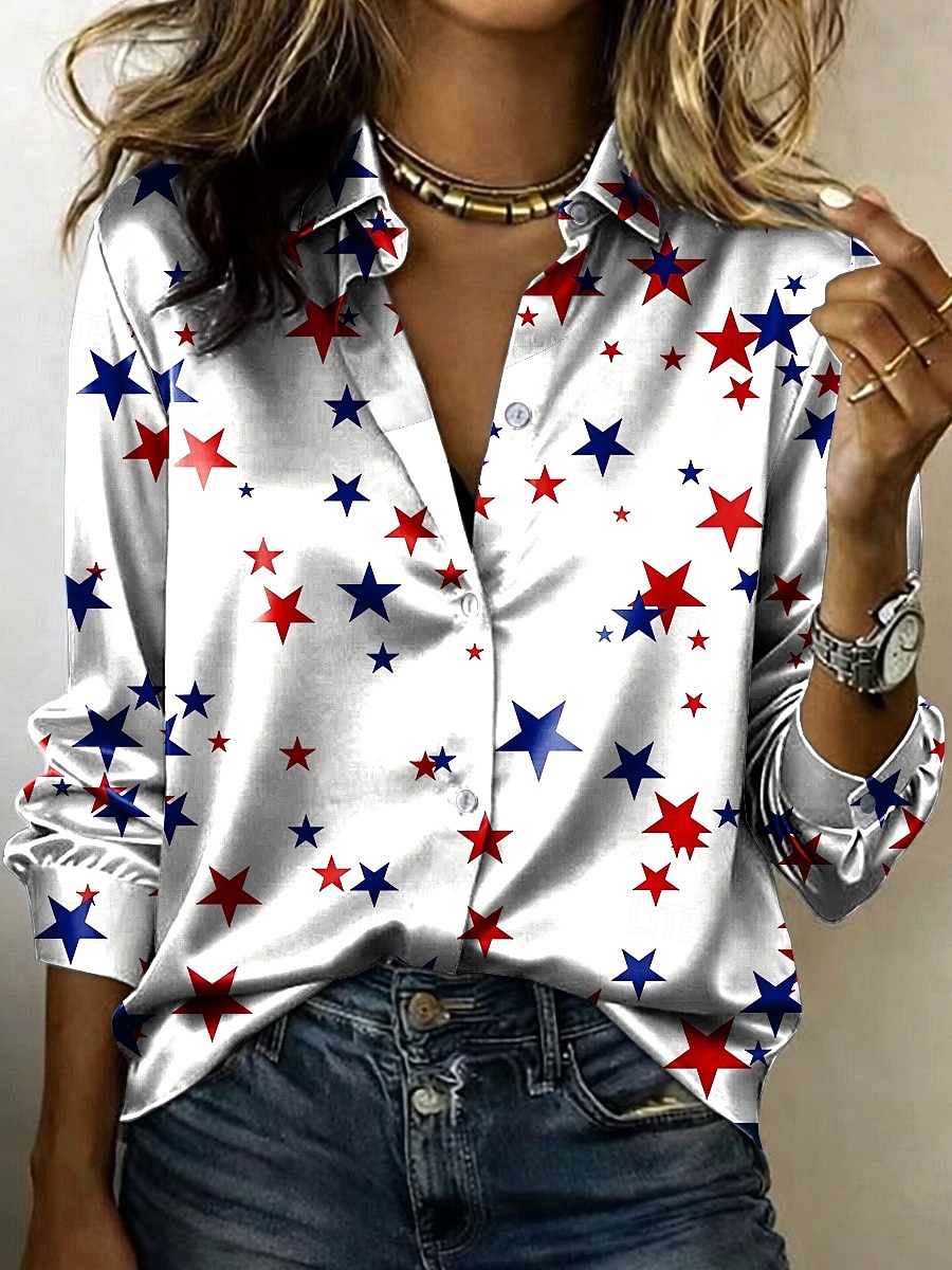 Dia da Independência Americana Mulheres Camisa Social Blusa de cetim camisa de botão Camisa casual Imprimir Gráfico Bandeira Clássico Casual Manga Longa Colarinho de Camisa Tops regulares Diário de 2026 por $28.99 –P3