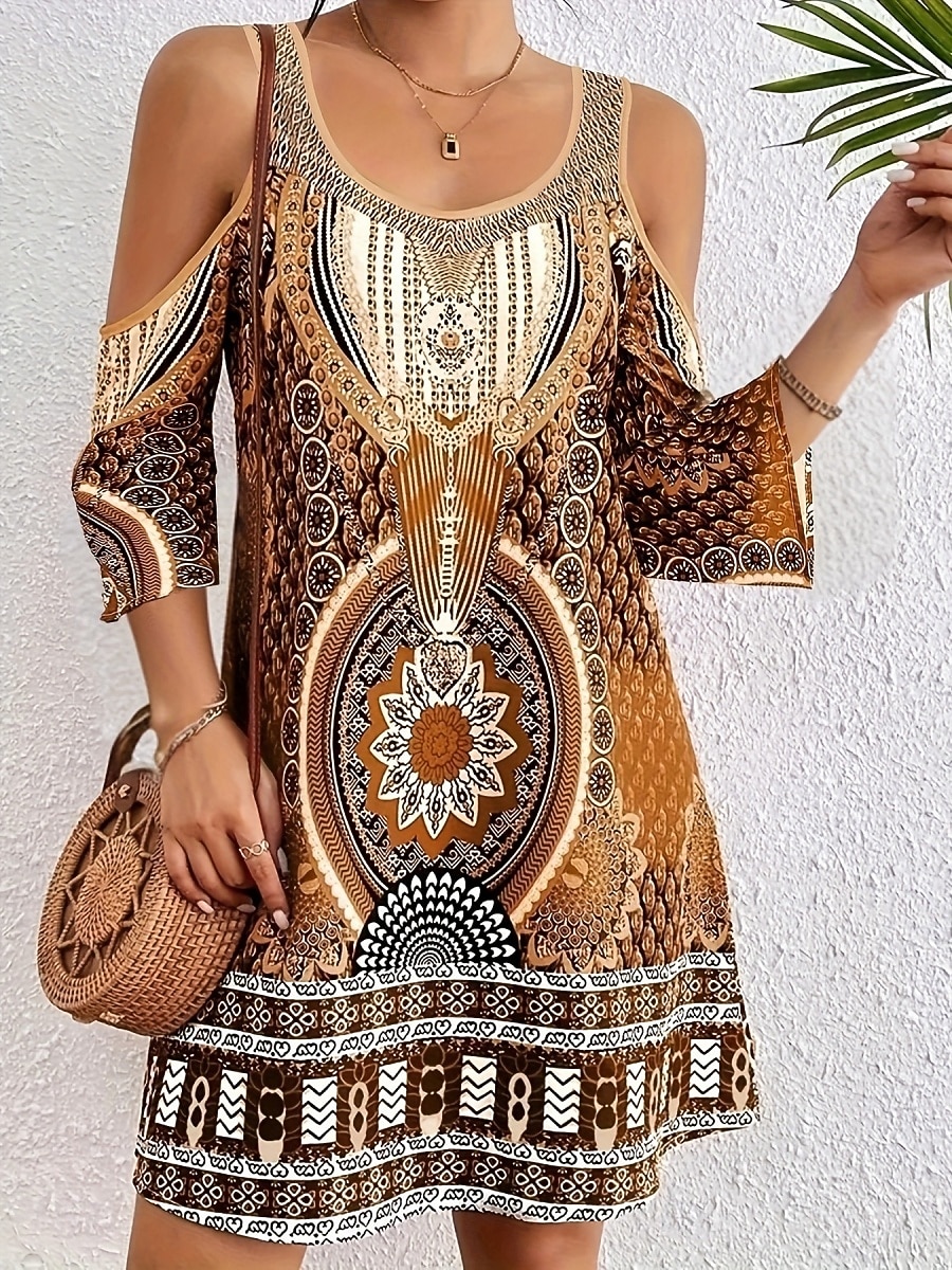 Dame Mini kjole Boho-kjole Vintage kjole Uformell kjole Elegant Mote Moderne Feriereise Ut på byen Helg Normal Geometrisk Stamme Halvlange ermer V-hals Blå Lilla Brun Grønn Sommer Vår 2026 - $25.99 –P4