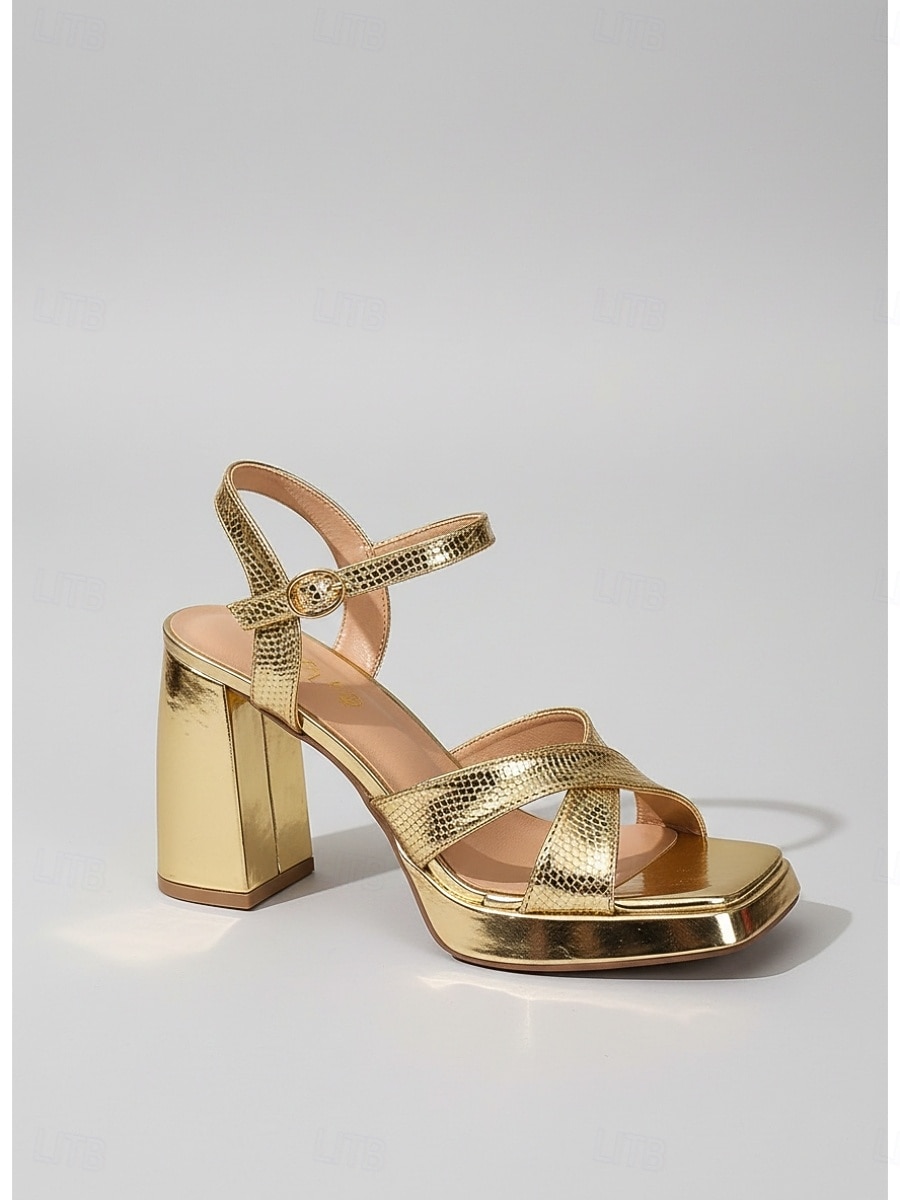Eleganti sandali da donna con plateau metallizzato color oro: sandali con tacco alto a blocco e punta quadrata con cinturino alla caviglia, perfetti per vacanze in resort di lusso, feste serali e matrimoni. del 2026 a $54.99 –P3