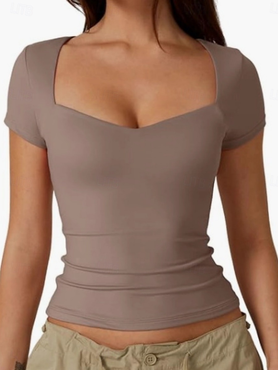 Women's T Shirt Tee Top Solid Color Stylish Basic Classic Short Sleeve V Neck Regular Tops Daily Going out Weekend Black White Wine Brown Dark Gray Summer Spring 2026 - $12.99 –P3