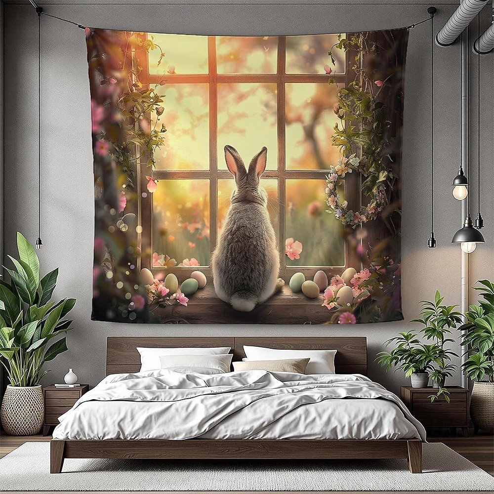 Easter Cute Bunnies Playing Violin Spring Garden Colorful Eggs Basket Flowers Oil Painting Style Wall Tapestry Wall Hanging Living Room Kids Bedroom Home Decor Party Backdrop 2026 - $20.99 –P4