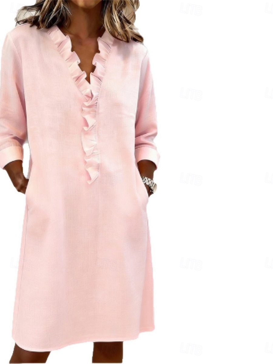 Γυναικεία Μίντι φόρεμα Λινό από ψεύτικο βαμβάκι Φόρεμα ριχτό Καθημερινό Καθημερινά Χαλαρή Εφαρμογή Σκέτο Μακρυμάνικο Λαιμόκοψη V Βαθυγάλαζο Ανθισμένο Ροζ Ρουμπίνι Καλοκαίρι Άνοιξη Φθινόπωρο 2026 - $43.99 –P4