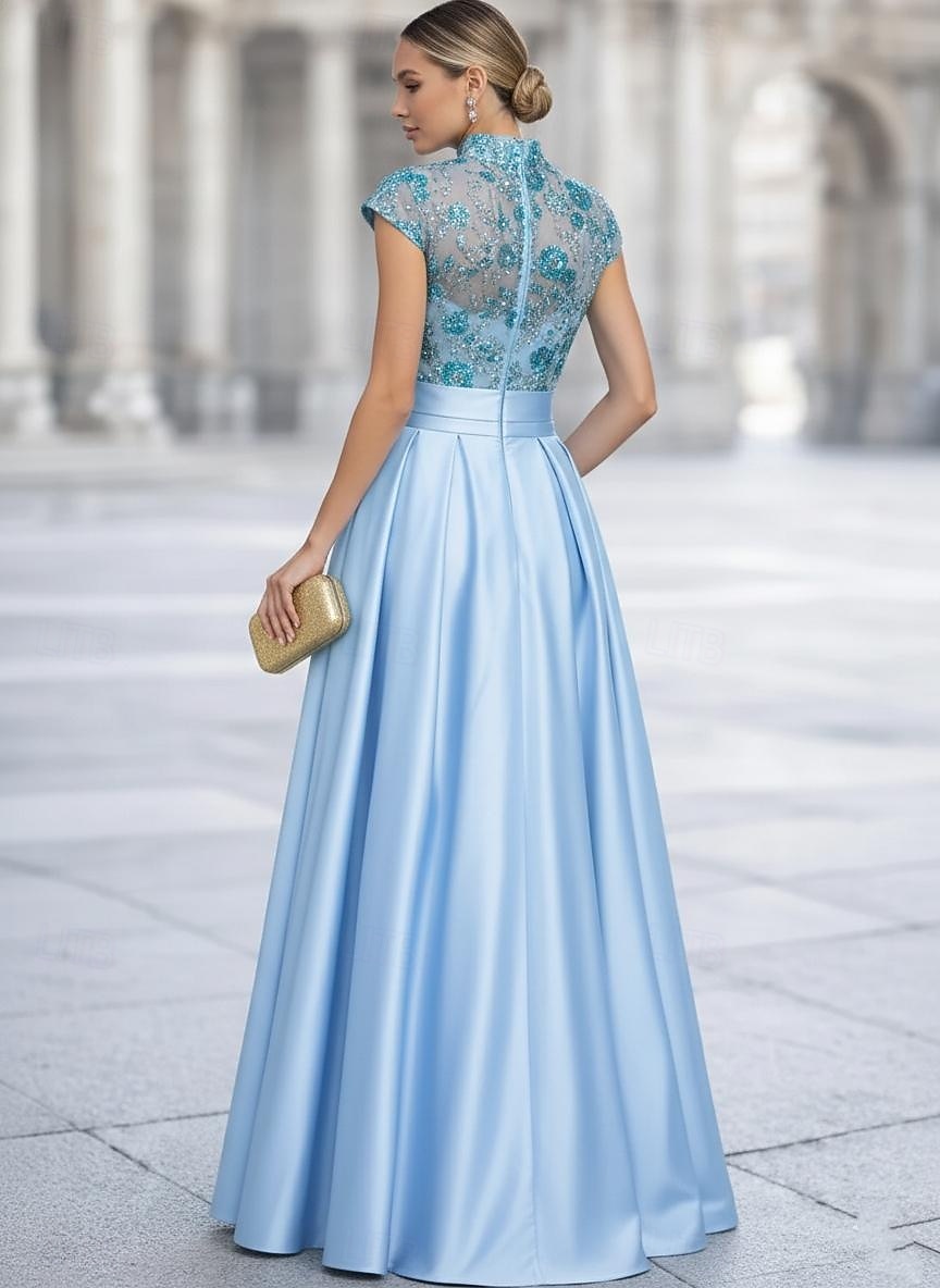 Linea ad A Lunghezza al pavimento Abito da Sera Elegante Scintillante Brillanti Manica Corta Collo Alto Festa serale Matrimonio Tasca Raso Tulle con Pieghe Perline ricamate del 2026 a $171.99 –P4