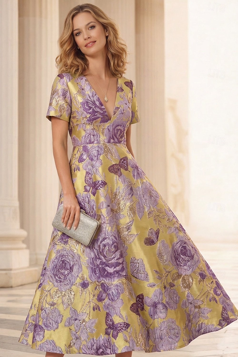 Linea ad A Lunghezza alla caviglia Lunghezza Tè Abito Formale Abiti da Cocktail Elegante Manica Corta Scollo a V Matrimonio Formale Jacquard con Pieghe del 2026 a $164.69 –P4