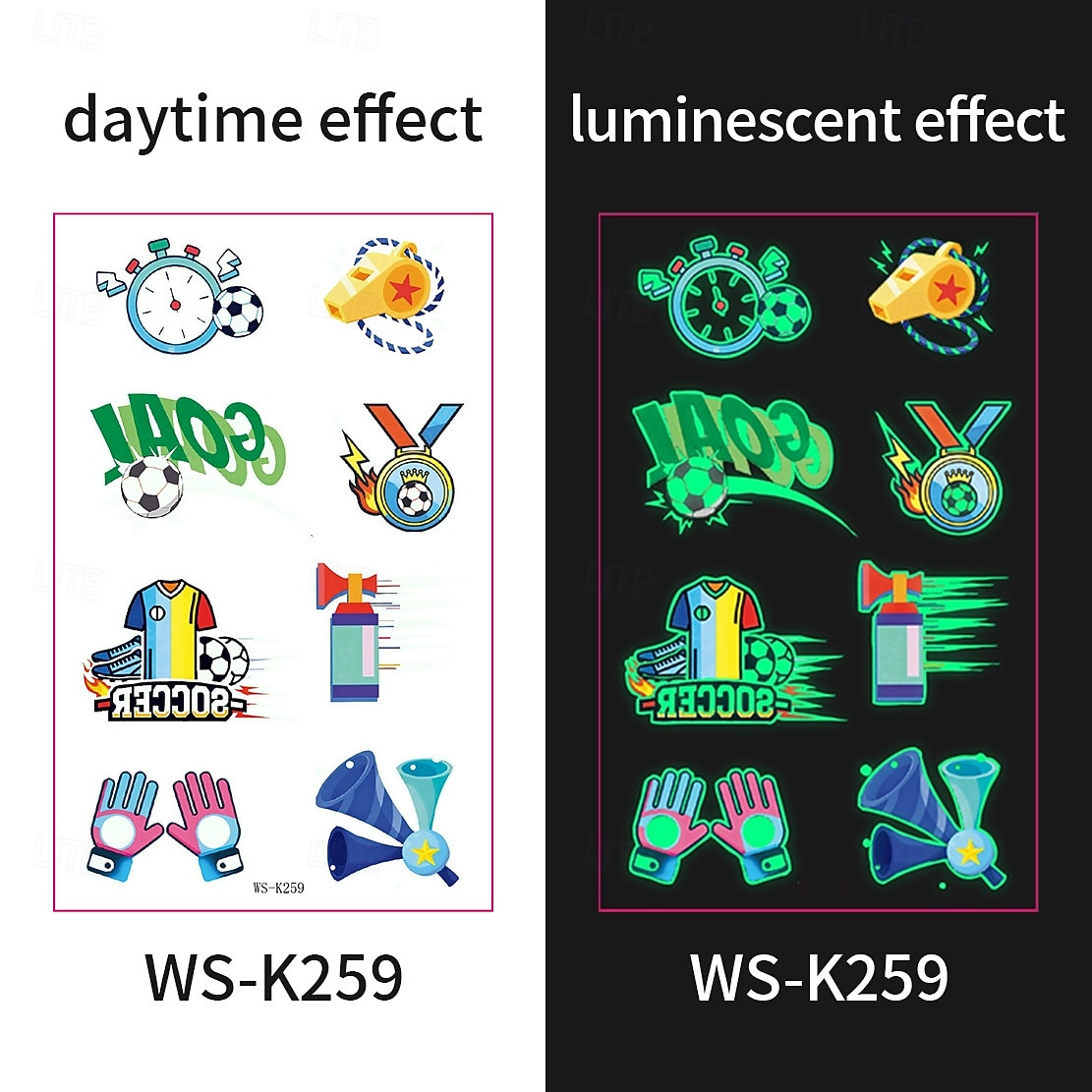 10 db sötétben világító foci ideiglenes tetoválás, neonzöld reaktív, vízálló &könnyen eltávolítható testfesték, játékosokkal, trófeákkal, lángokkal díszítve, tökéletes fociparti ajándékok &ajándékok 2026 - $9.99 –P7