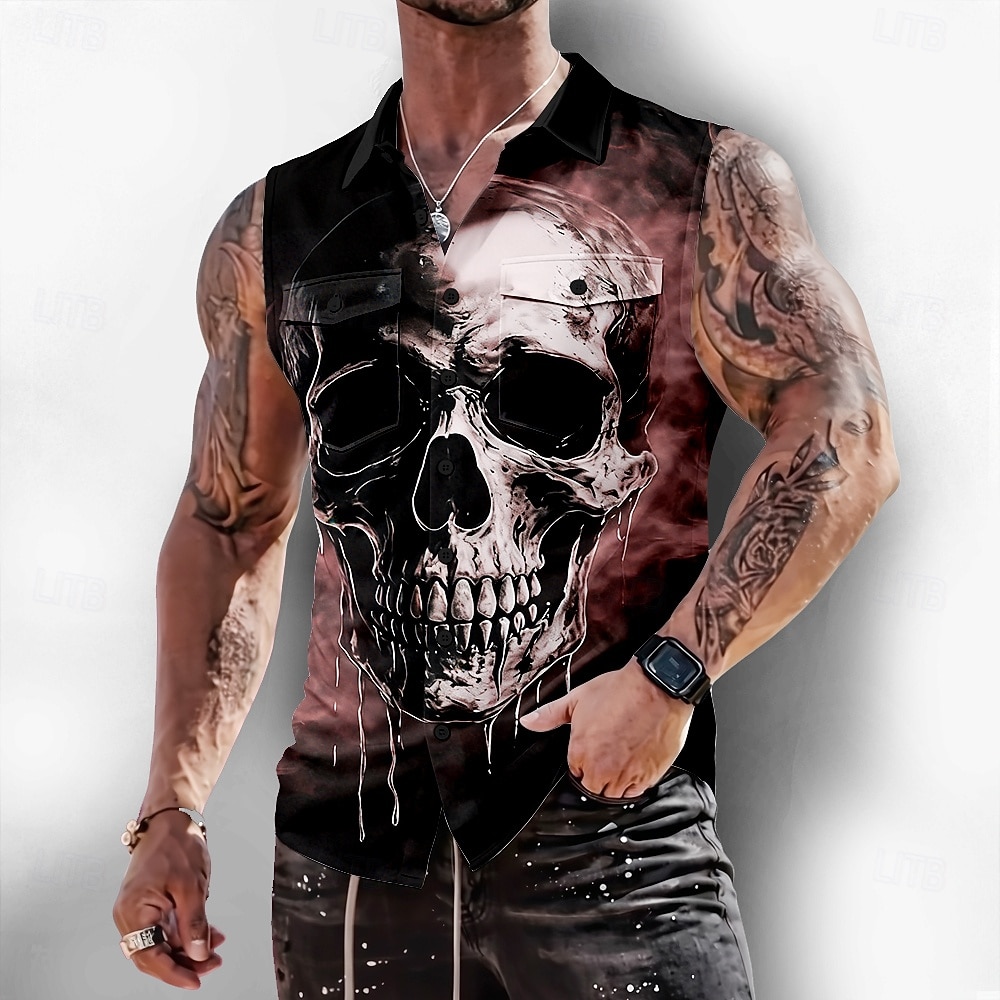Per uomo Teschio Scheletro Horror Camicia Camicia con Bottoni Maglietta senza maniche Senza Maniche Stile gotico oscuro All'aperto Casual Estate Primavera Collo ripiegato Stampa 3D Due tasche del 2026 a $25.99 –P1