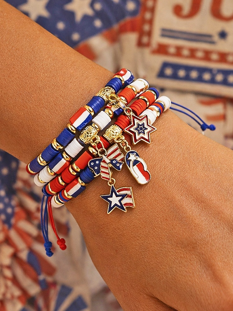 Набор женских браслетов из разных материалов, различные стили, подвески с патриотическим флагом США, регулируемые ремешки, идеально подходит для празднования 250-летия США, Дня независимости и повседневной носки. 2026 - $11.99 –P3