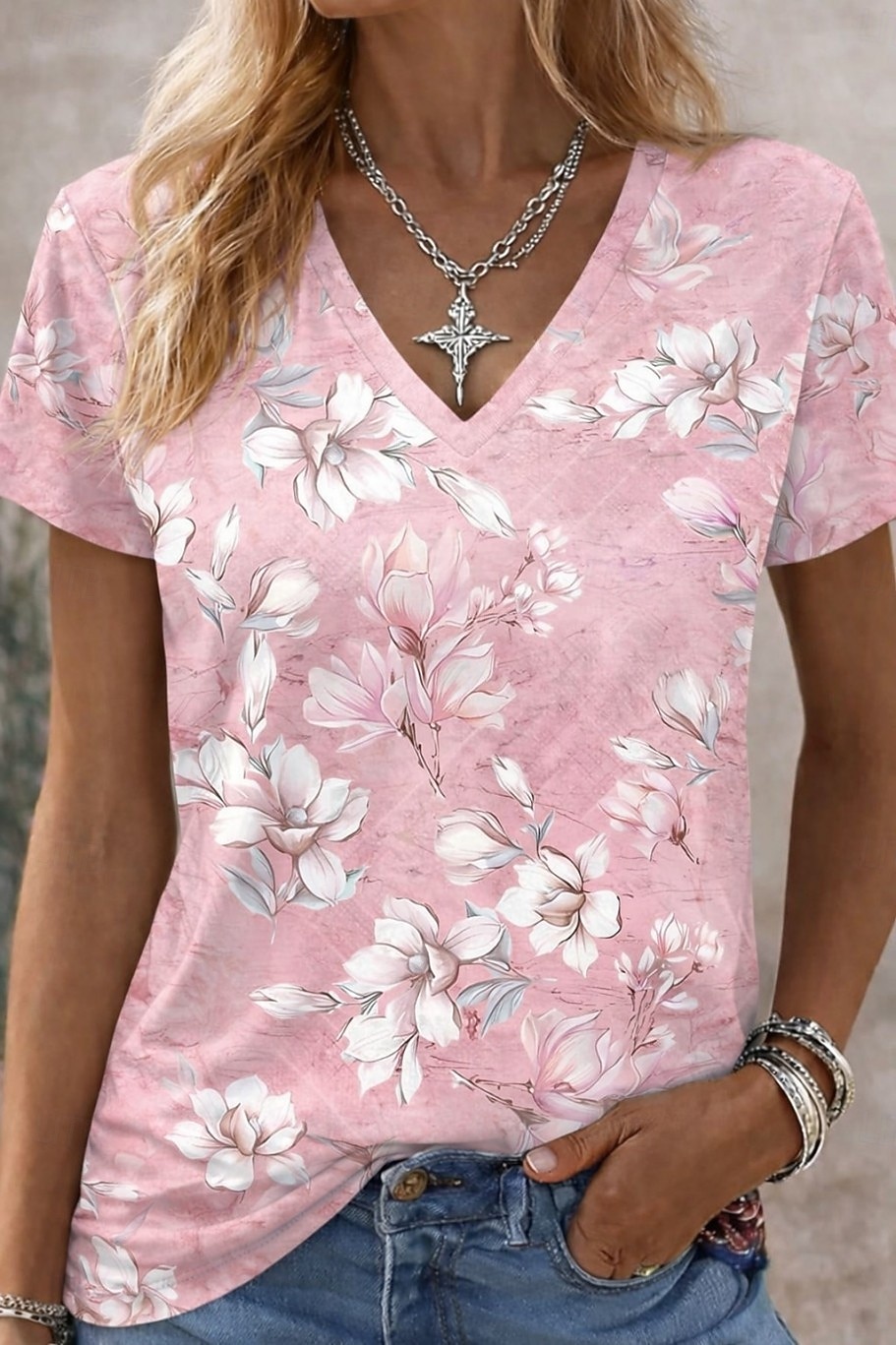 Damen T Shirt Druck Blumen Grafik Pflanzen Vintage Stilvoll Klassisch Kurzarm V Ausschnitt Normale Oberteile Täglich Blau Weiß / blau Rosa Sommer Frühling 2026 - $21.99 –P1