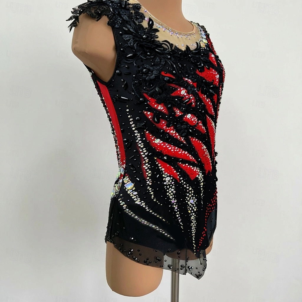 Dámský dívčí dres na rytmickou gymnastiku, černý, s otvorem pro palec, barvení na halo, vysoká elasticita, profesionální soutěžní bruslařské oblečení, krystaly/kamínky, bez rukávů, bruslení na 2026 - $442.39 –P3