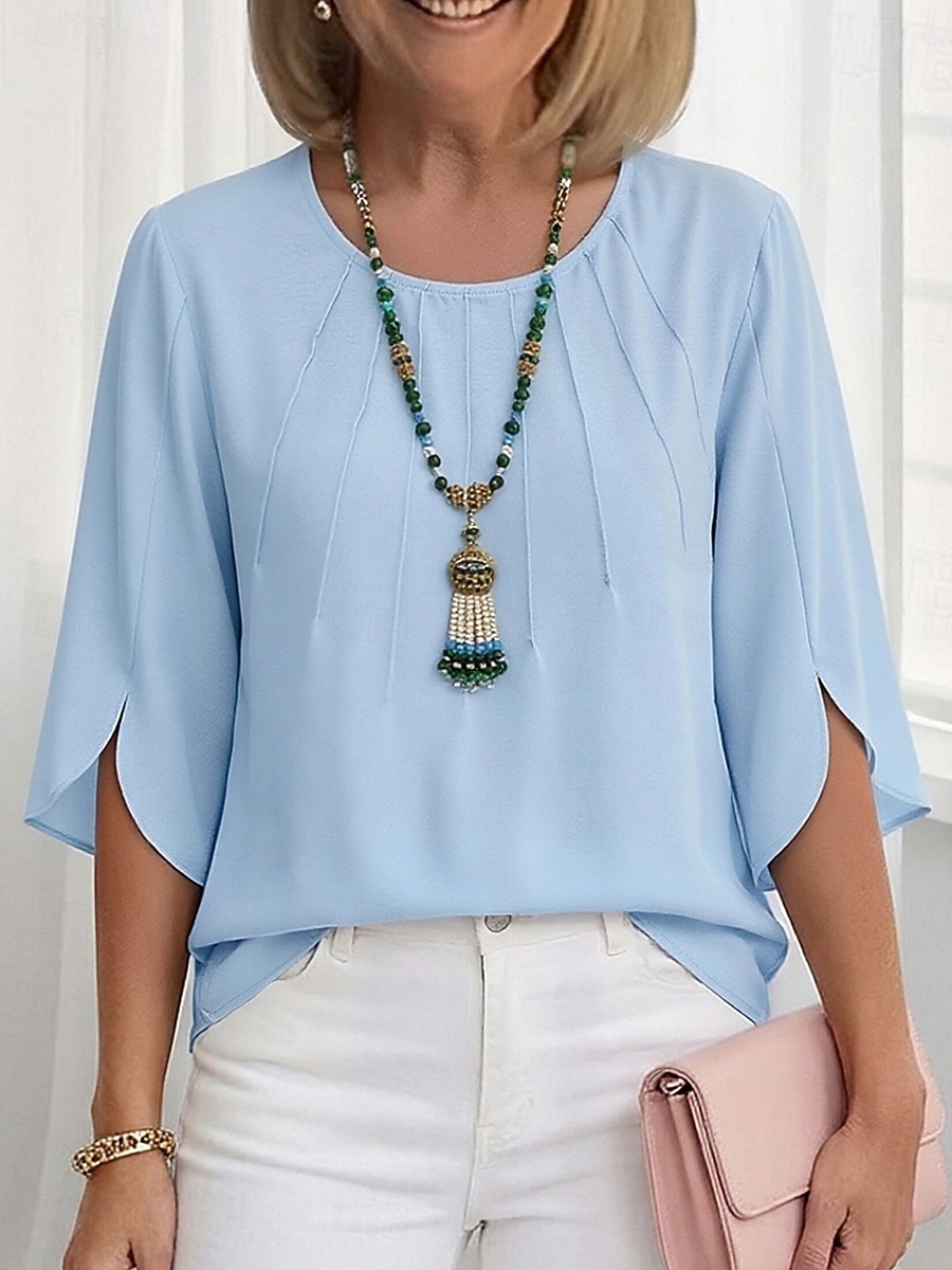 Dames Blouse Chiffon-topjes Met ruches Effen Klassiek Modern Casual Halve mouw Strakke ronde hals Normale tops Dagelijks Buiten Feestdagen Wit Lichtgroen Smaragdgroen Rose Roze Licht Blauw Zomer Lente 2026 - $21.99 –P6