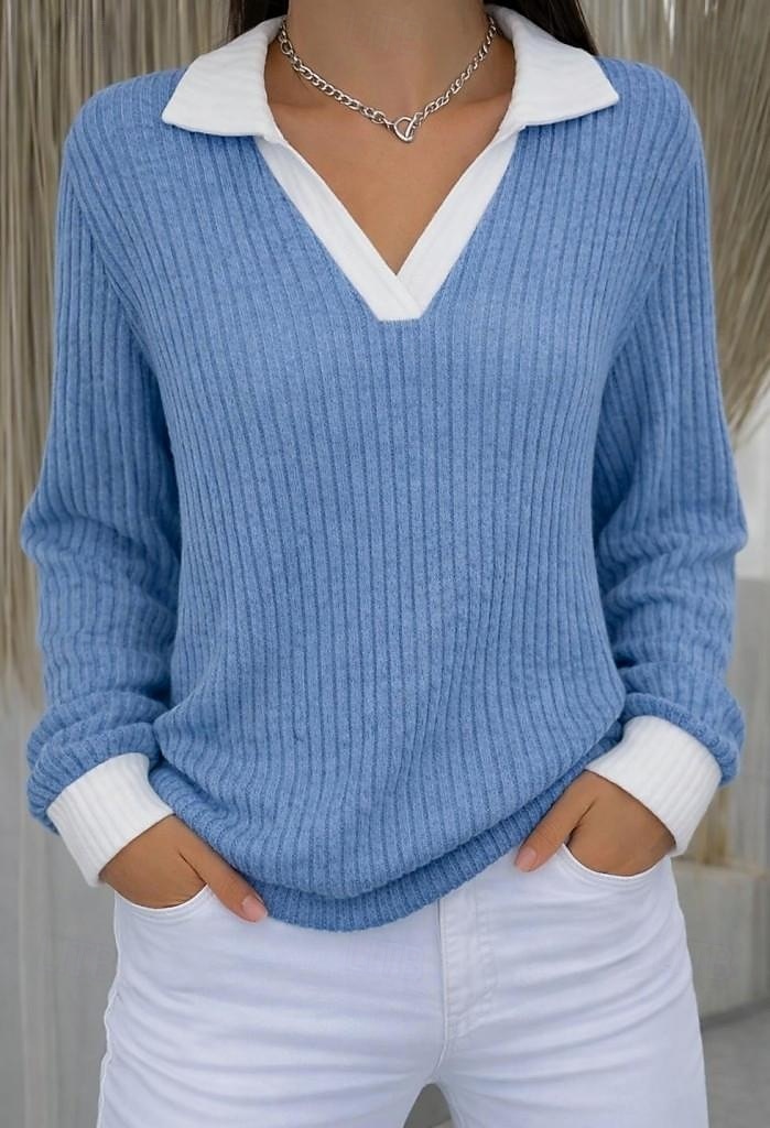 Damen Rippstricktops T Shirt Falscher Zweiteiler Kontrastfarben Stilvoll Lässig Langarm V Ausschnitt Hemdkragen Normale Oberteile Täglich Ausgehen Schwarz Pudriges Rosa Staubiges Blau Khaki Leicht 2026 - $25.99 –P5