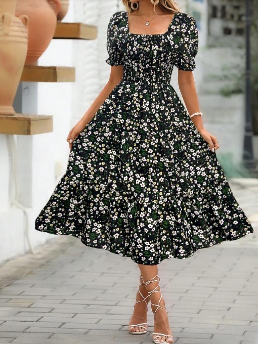 Women's Midi Dress Casual Dress Floral Dress Elegant Fashion Modern Outdoor Vacation Going out Regular Fit Floral Short Sleeve Square Neck Blue Black White Pink Summer Spring 2026 - $25.99 –P7