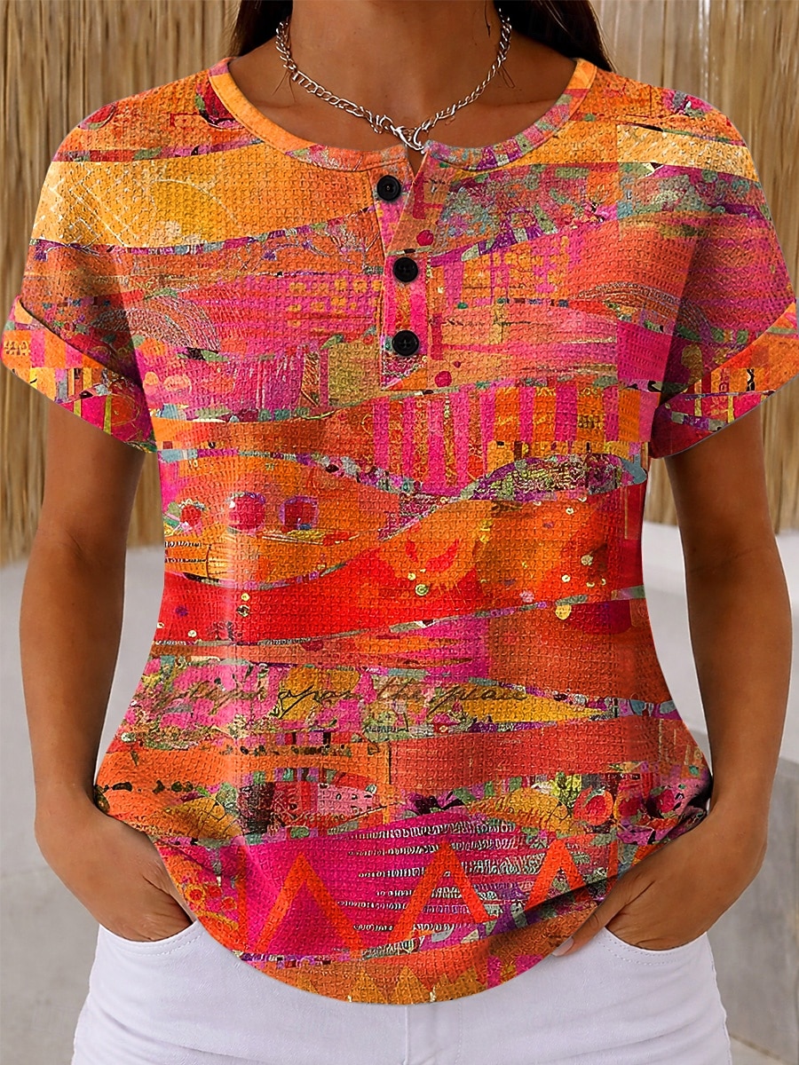 Dámské Waffle T-shirt s potiskem grafiky geometrické vintage stylové klasické krátký rukáv kulatý výstřih pravidelné topy denní černá a bílá černá bílá žlutá červená léto jaro 2026 - $21.99 –P3