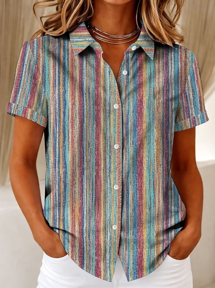 Kvinnors T-Shirt Kort Ärmar Grafisk Geometrisk Randig Vintage Tropisk Stilren T-Shirt Krage Regular Toppar Daglig Blå Gräsgrön Grön Sommar Vår 2026 - $24.99 –P1