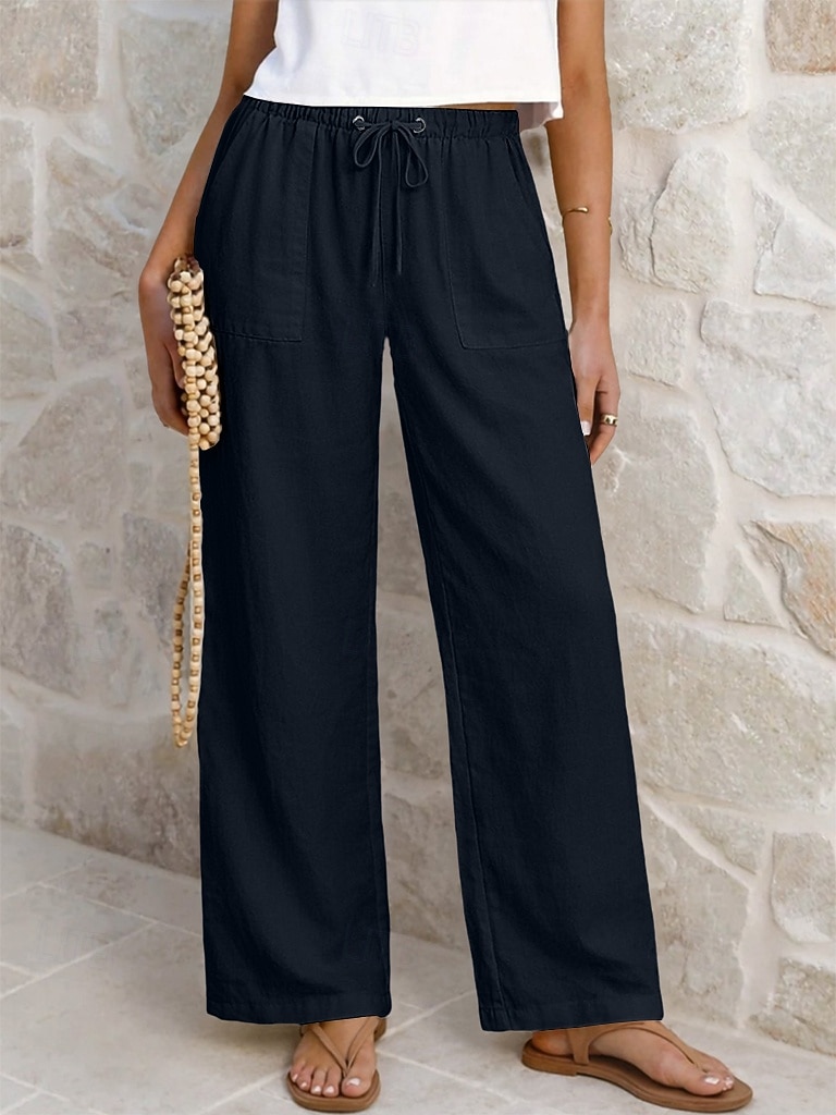 Damskie Lniane spodnie Spodnie Spodnie codzienne Letnie spodnie Urlop Moda Podstawowy Pełna długość Średia talia Równina Ściągana na sznurek Elastyczny pas Prosta noga Lekki Oddychający Nieelastyczny 2026 - $25.99 –P6