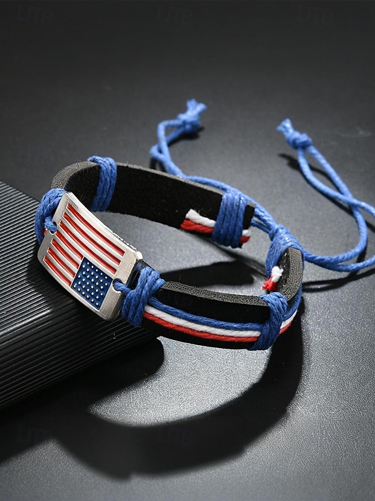 צמיד עור מתכוונן לגברים עם עיצוב דגל אמריקאי, חומר עור אמיתי, סגנון פטריוטי, מושלם לציון 250 שנה לארה"ב, יום העצמאות וללבוש יומיומי חיצוני 2026 - $7.99 –P6