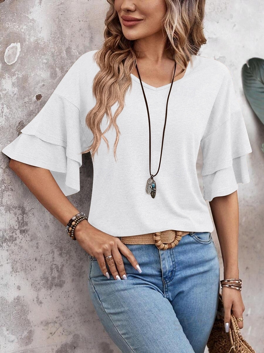 Dame T skjorte T-skjorte Drapering عادي Mote Stilfull Klassisk Halvlange ermer V-hals Vanlige topper Daglig Ut på byen Helg Svart Hvit Rosa Navyblå Kamel Sommer Vår 2026 - $24.99 –P5