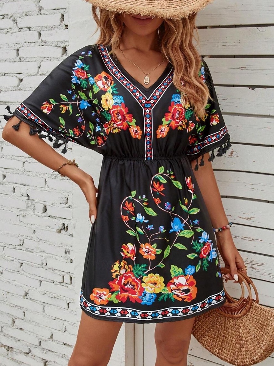 Dames Mini-jurk Boho-jurk Casual jurk Bloemetjesjurk Elegant Modieus Modern Buiten Vakantie Uitgaan Normale pasvorm Bloemig Korte mouw V-hals blauw Zwart Wit Zomer Lente 2026 - E£1924.54 –P8