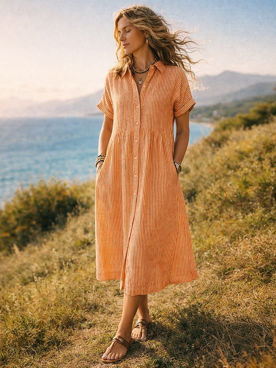 midi-jurk voor dames, jurk van imitatie linnen, overhemdjurk, casual jurk, A-lijn jurk, modieuze moderne jurk voor dagelijks gebruik, vakantiejurk, losse pasvorm, gestreepte jurk met korte mouwen, 2026 - $26.99 –P1