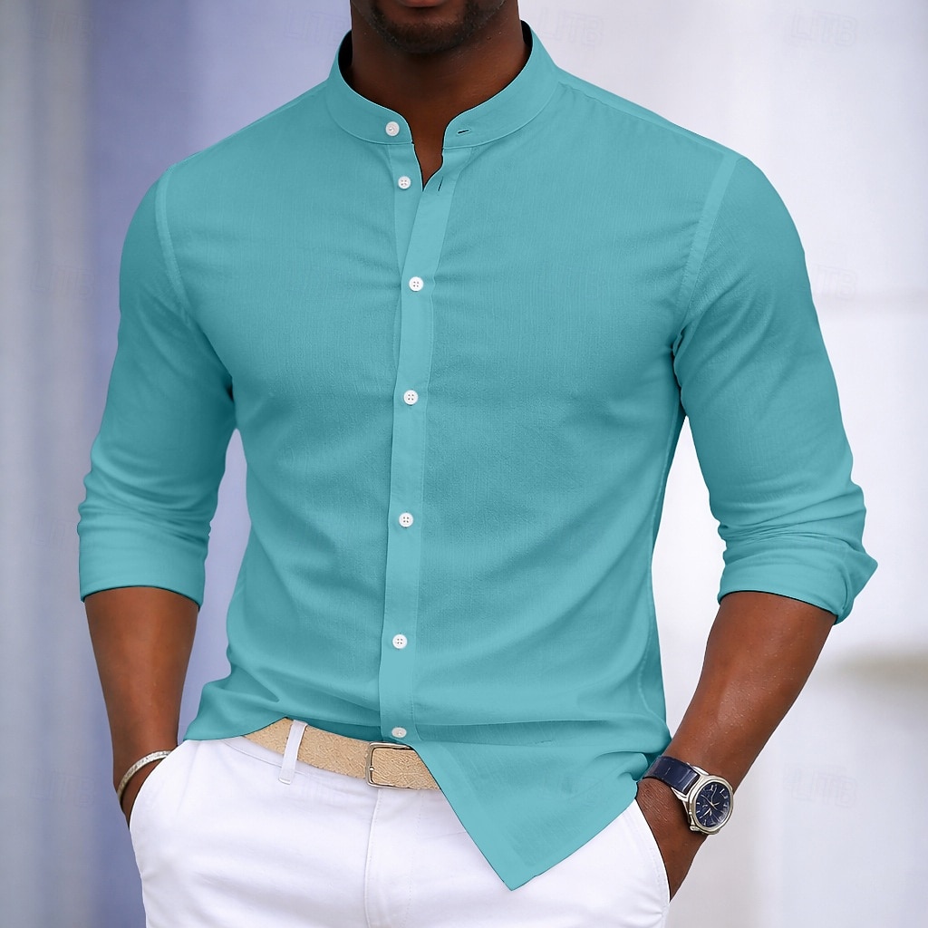 Voor heren Overhemd Overhemd met knopen 100% Katoen Effen Dagelijks liiketoiminta Licht Blauw Zwart Wit Leger Groen Lange mouw opa kraag Alle seizoenen Kleding 2026 - $21.99 –P5