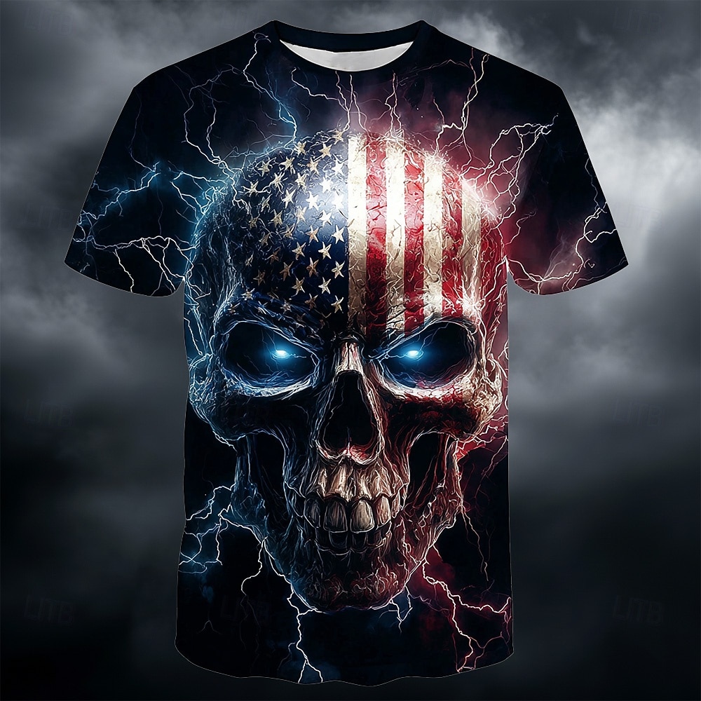 Amerikas 250. Jahrestag: Patriotisches Herren-T-Shirt mit US-Flagge, Totenkopf und Blitzmotiv, Kurzarm, Rundhalsausschnitt, cooles Krieger-Top, Designer-Kleidung, Größen S, M, L, XL, XXL, XXXL 2026 - $21.99 –P1