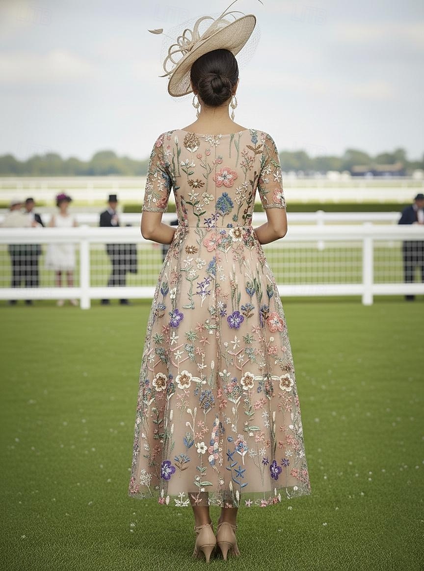 A-linje Kjoler Ankellengde Cocktail Kjole Gjestekjole til bryllup Kjole til brudens mor Halvlange ermer V-hals Elegant Fritid Formell Bryllupsgjest Kentucky Derby Chiffon Tyll med Blomstertrykk 2026 - $163.99 –P2