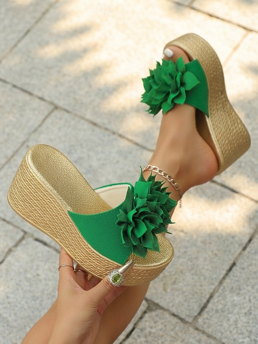 Groene sleehak sandalen voor dames – stijlvolle, met bloemen versierde slippers met een sleehak van espadrille-imitatie, perfect voor casual uitjes, zomervakanties en strandfeestjes. 2026 - $26.99 –P5