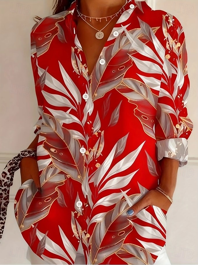 Per donna Camicia Blusa Patchwork Bottoni Stampato Grafico Geometrico Vintage Tropicale Quotidiano Manica Lunga Colletto a Camicia Top Regolari Quotidiano Blu Rosso Estate Primavera del 2026 a $32.99 –P1