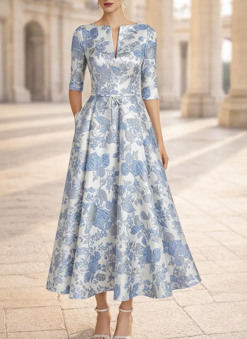 Linia -A Lungime Gleznă Lungimea ceaiului Rochie formala Rochii de cocktail Elegant Floral Manșon scurt În V Petrecere în grădină Nuntă Buzunar Jaquard cu Imprimeu Floral Pliuri Buzunar 2026 - $154.79 –P5
