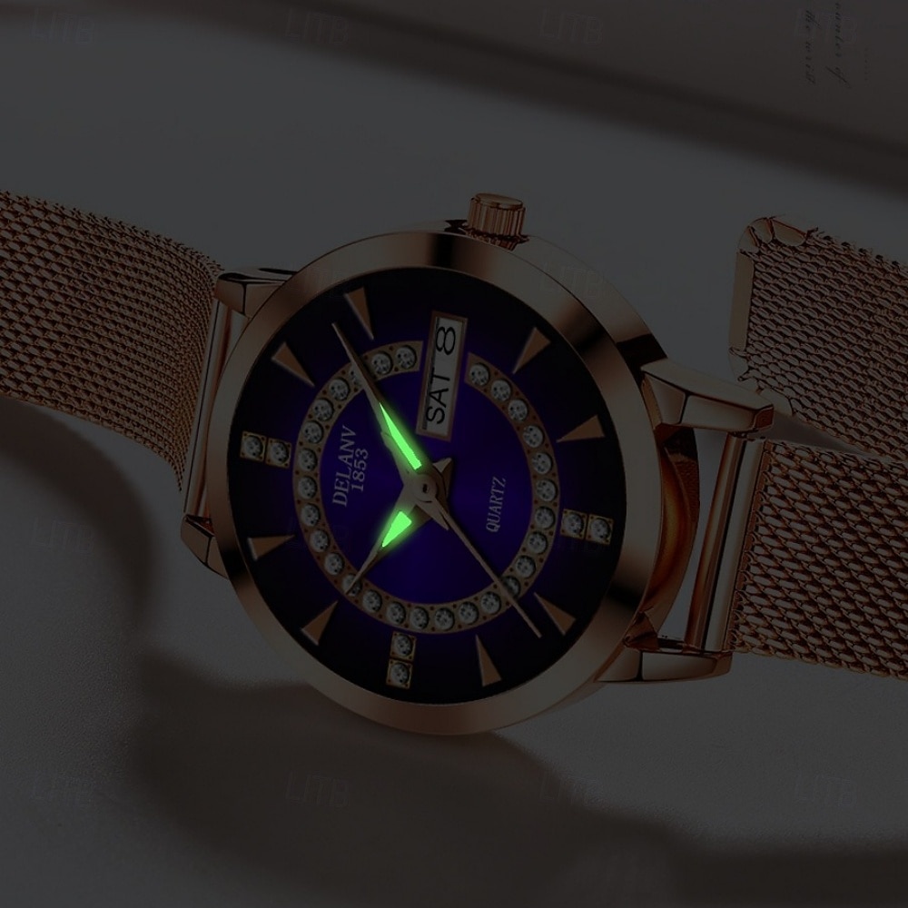 Dameklokke i roségull med rød gradert urskive og strass, luksuriøst kvartsarmbåndsur med dagdato og kalendervisning, justerbar nettingrem, elegant motesmykke, gave til mor og kone. 2026 - $21.99 –P2