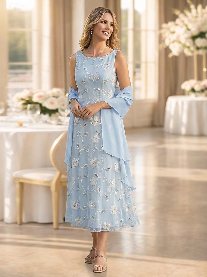 Two Piece A-Line Dress Sets Ankle Length Wedding Guest Dress Mother of the Bride Dress Sleeveless Boat Neck Elegant Simple Embellished Formal Kentucky Derby Semi Formal Lace Jacquard Wrap Included 2026 - $148.99 –P5