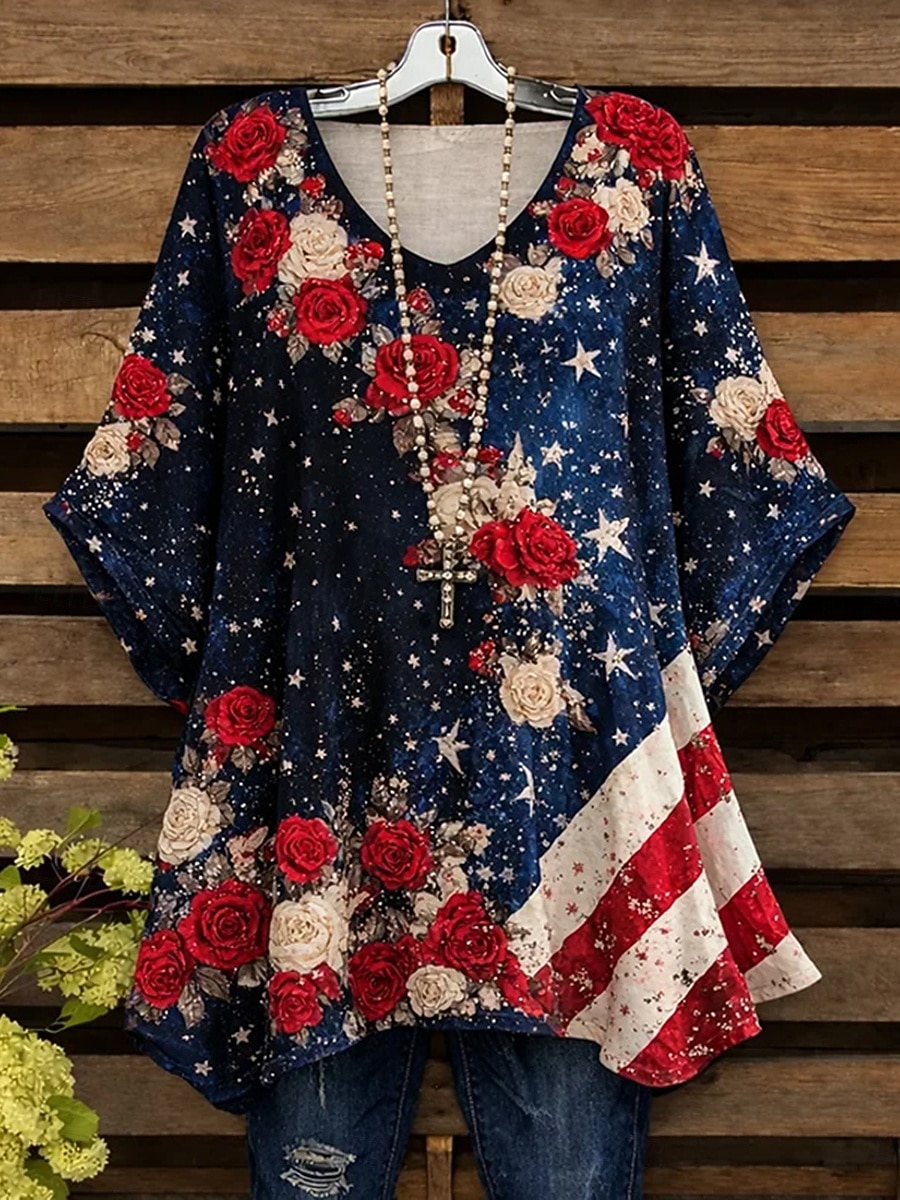 Giorno dell'Indipendenza Americana Per donna Camicia Blusa Stampato Floreale Grafico Bandiera Vintage Quotidiano Elegante Manica Lunga Girocollo Scollo a V Top lunghi Quotidiano Uscire Rosso Viola del 2026 a $27.99 –P1