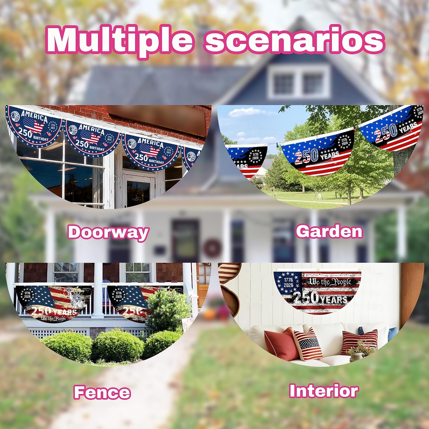 Lot de 2 drapeaux commémoratifs du 250e anniversaire des États-Unis, 45 x 90 cm (1776-2026), guirlande de fanions, décorations patriotiques à suspendre pour l'extérieur, porte d'entrée, porche, fond de 2026 ? $17.99 –P6