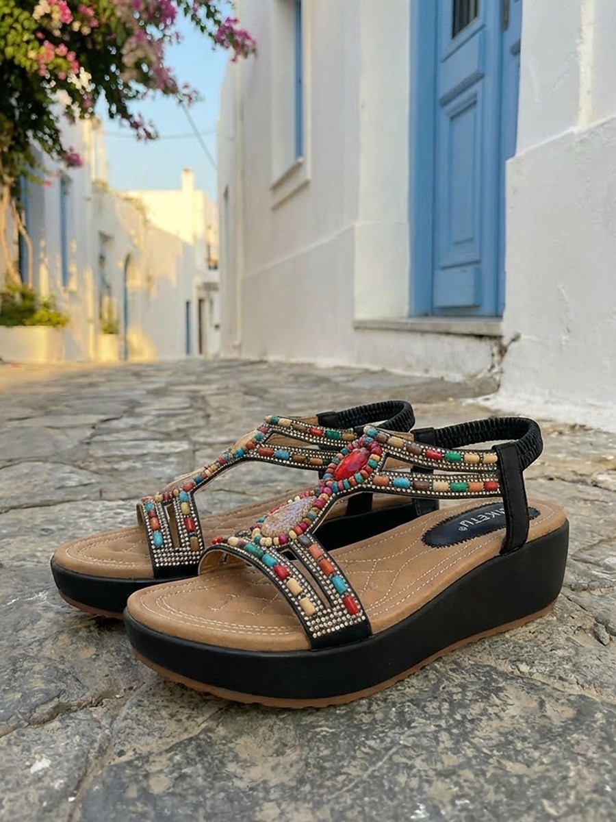 Женские богемные сандалии с цветочным принтом и Т-образным ремешком — удобные черные прогулочные туфли с красочными объемными цветочными акцентами и эластичным задним ремешком для отдыха на природе, летних фестивалей и поездок на пляж. 2026 - $46.99 –P2