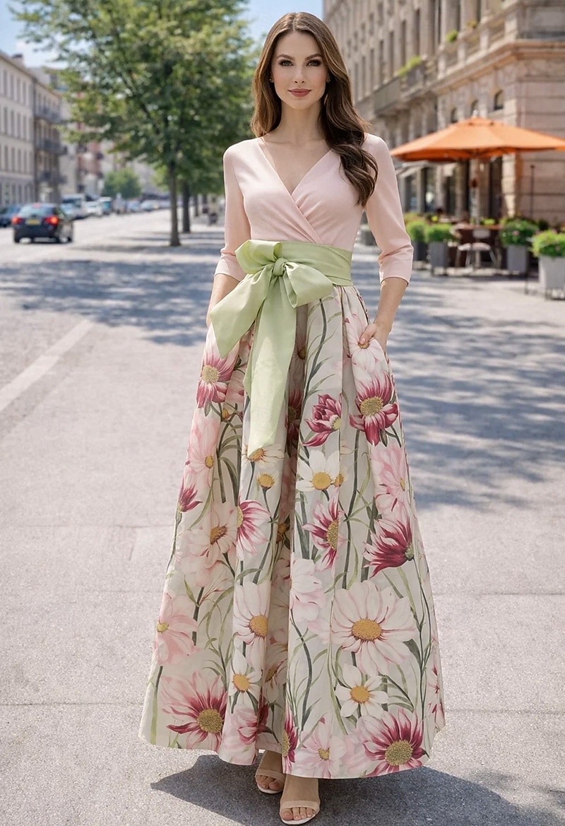 Linha A Longo Vestidos de noite Elegante Vintage Floral Manga 3/4 Decote V Festa de Jardim Casamento Cetim com Estampa floral Pregas Bolsos de 2026 por $194.99 –P1