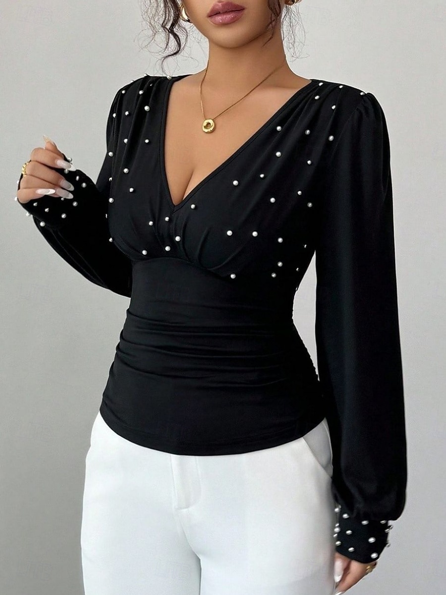 Dam Skjorta Blus Långärmade toppar Rynkad Slät Mode Stylish Klassisk Långärmad V-hals Vanliga toppar Dagligen Helgdag Utekväll Svart Vin Aprikos Sommar Vår 2026 - $29.99 –P4