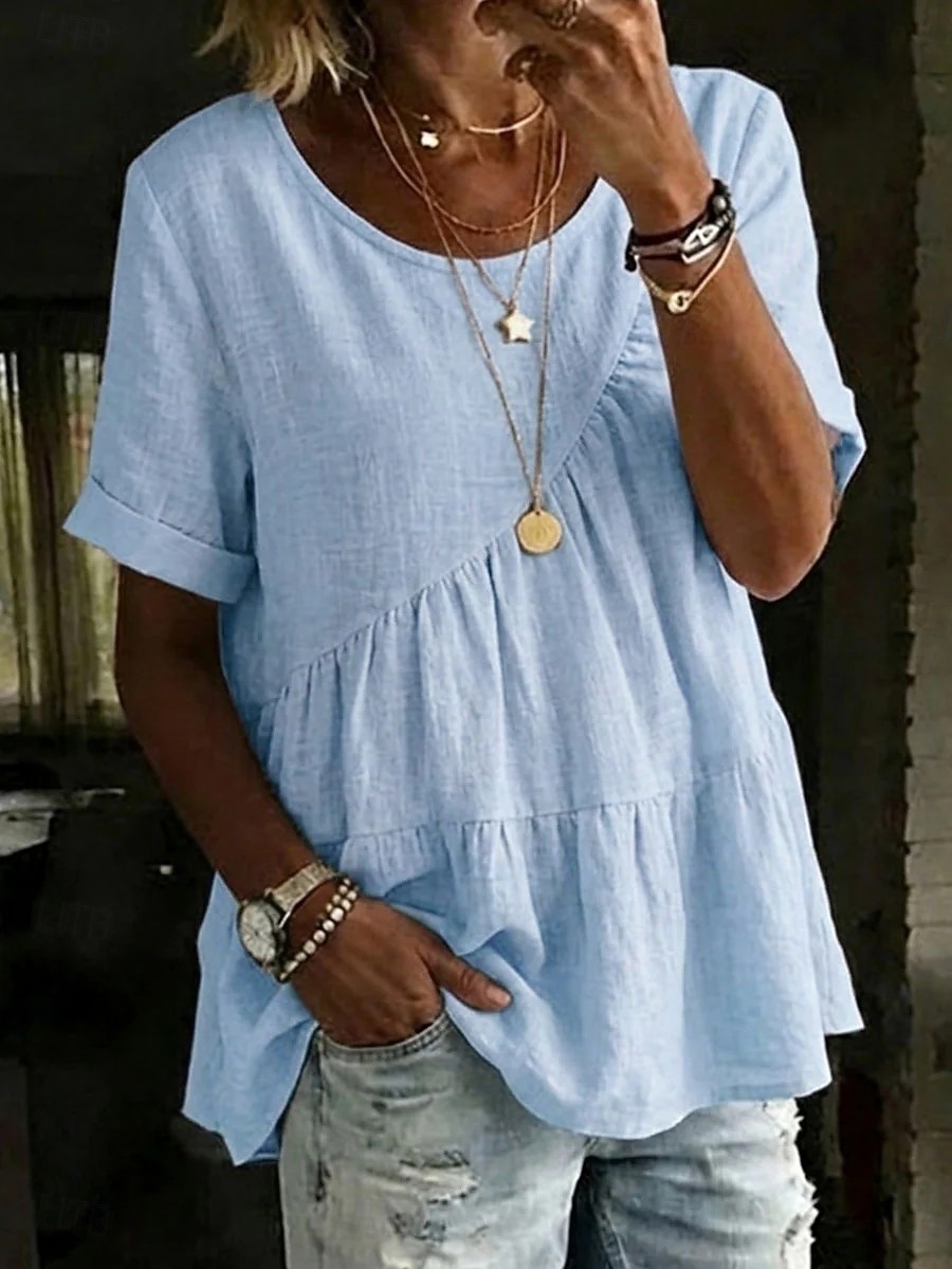 2026年 女性用 Tシャツ フェイクリネンシャツ ティートップ フリル 平織り ファッション スタイリッシュ クラシック 半袖 クルーネック レギュラートップス 日常 お出かけ 週末 ブルー ブラック ホワイト イエロー ピンク 夏 春  コレクション – $24.99 –P4