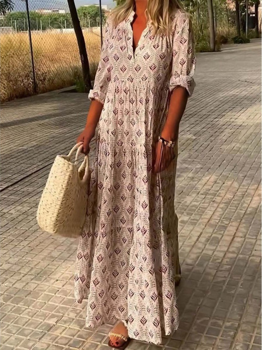 Women's Maxi Dress Sundress Casual Dress Print Dress Elegant Fashion Modern Outdoor Vacation Going out Regular Fit Geometric Short Sleeve V Neck Blue Pink Green Gray Summer Spring 2026 - $27.99 –P2