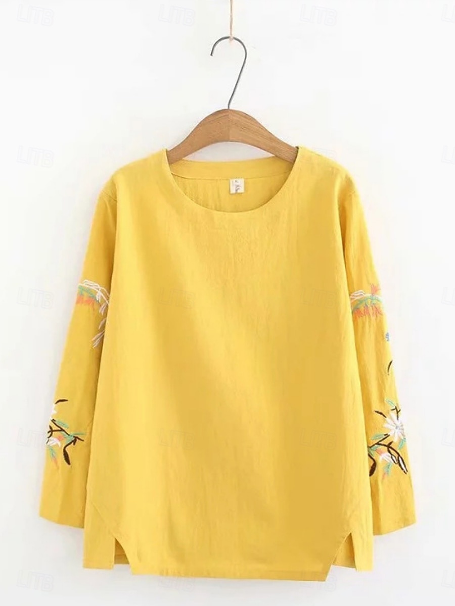 Pentru femei Tricou Tee Top Brodat Floral Modă Clasic Casual Manșon Lung Stil Nautic Topuri obișnuite Zilnic Ieșire Sfârșit de săptămână Alb Galben Bleumarin Vară Primăvară Toamnă 2026 - $19.99 –P1