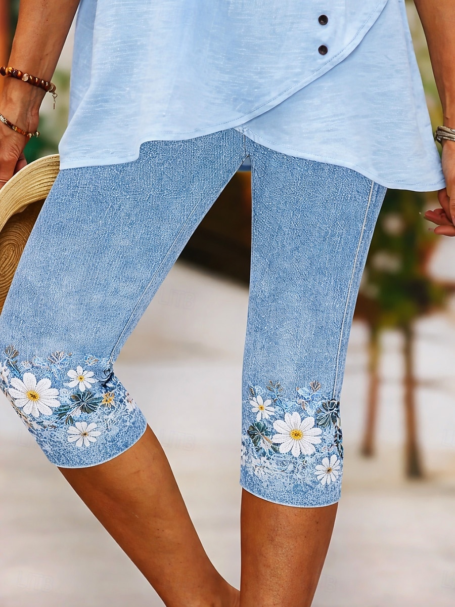 Mujer Pantalones Capri Chinos Polainas Vacaciones Vintage Ropa de calle Longitud de la rodilla Alta cintura Floral Graphic Estampado Comodidad Suave Cómodo Elástico Diario Exterior Vacaciones Azul 2026 - $21.99 –P2