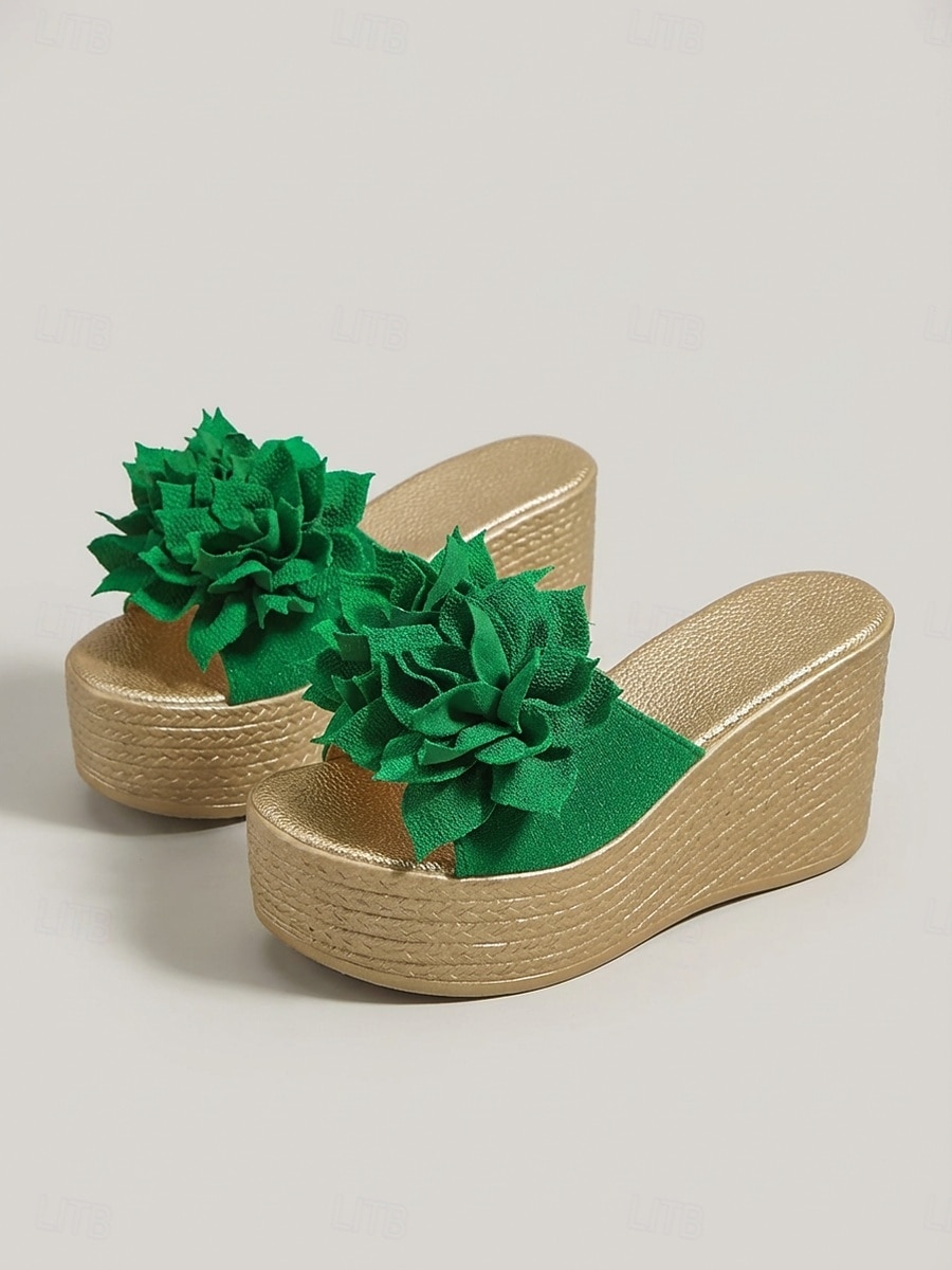 Groene sleehak sandalen voor dames – stijlvolle, met bloemen versierde slippers met een sleehak van espadrille-imitatie, perfect voor casual uitjes, zomervakanties en strandfeestjes. 2026 - $26.99 –P1