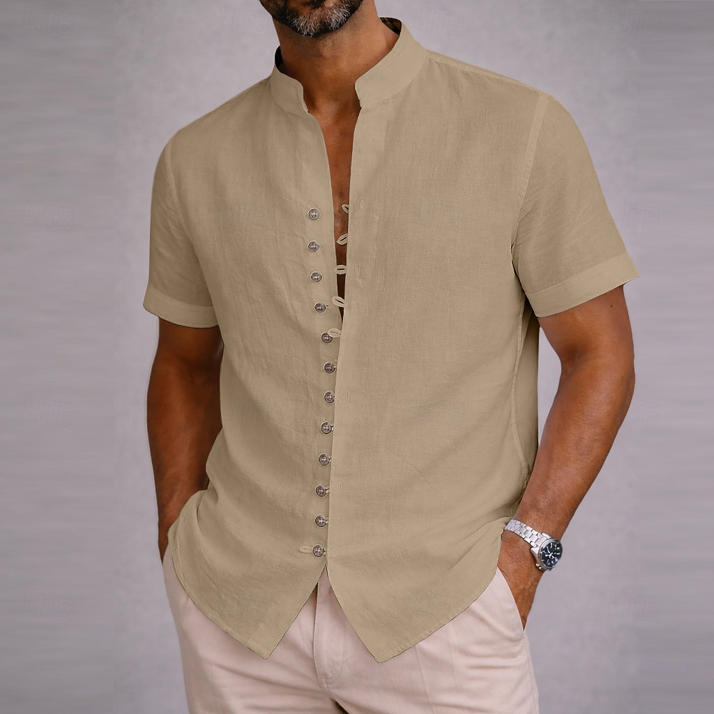 Per uomo Camicia Camicia di lino Camicia Estiva Abbigliamento da spiaggia Camicia con Bottoni Semplice Casuale Spiaggia Blu Nero Bianco Rosa Manica Corta Collo alla coreana Estate Primavera & Estate del 2026 a $23.99 –P8