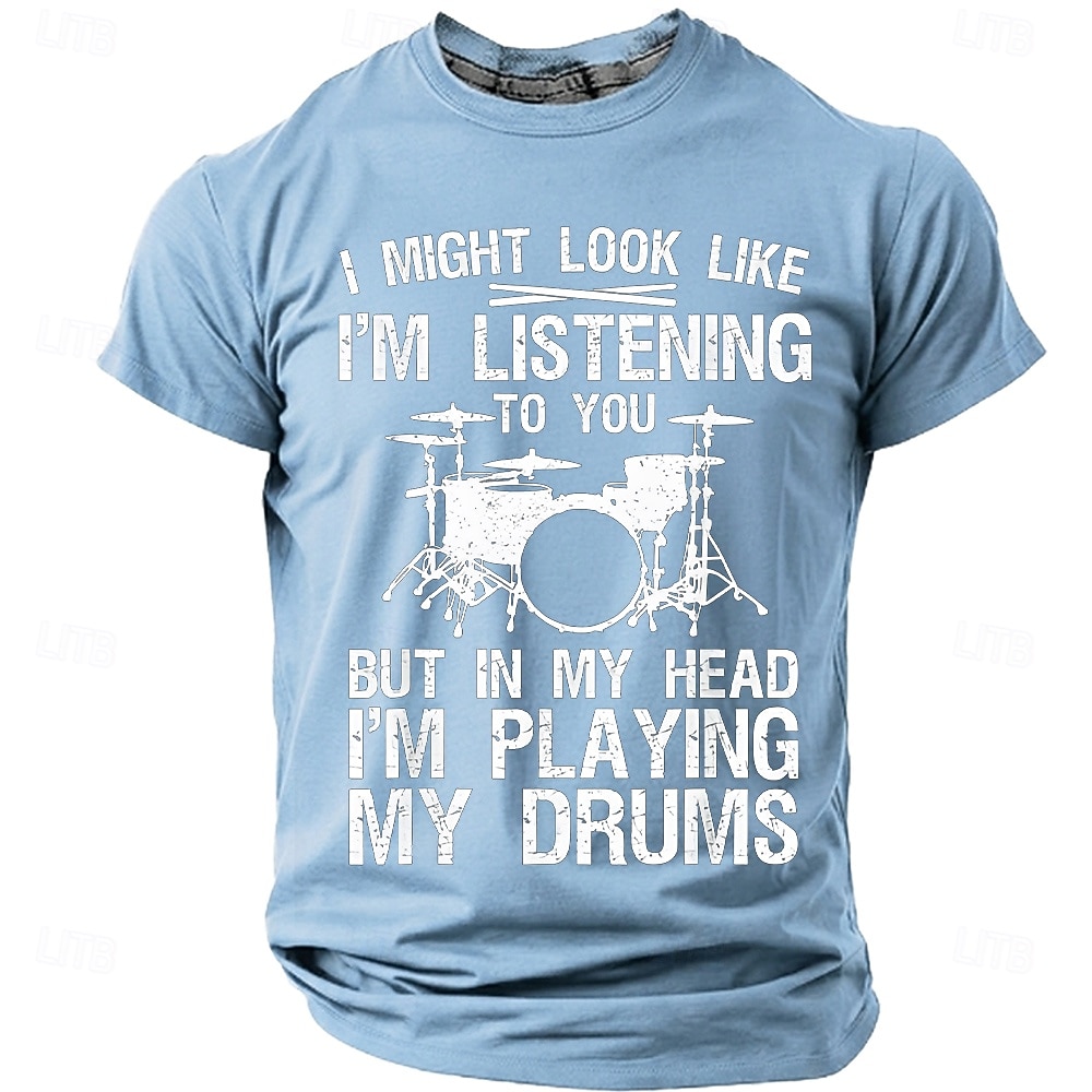 Men's "In My Head I'm Playing My Drums" Funny Drummer Graphic T-Shirt Percussionist Joke Quote Tee Musician Gift Band Practice Gear Distressed Style Casual Short Sleeve Apparel S-3XL 2026 - $21.99 –P8