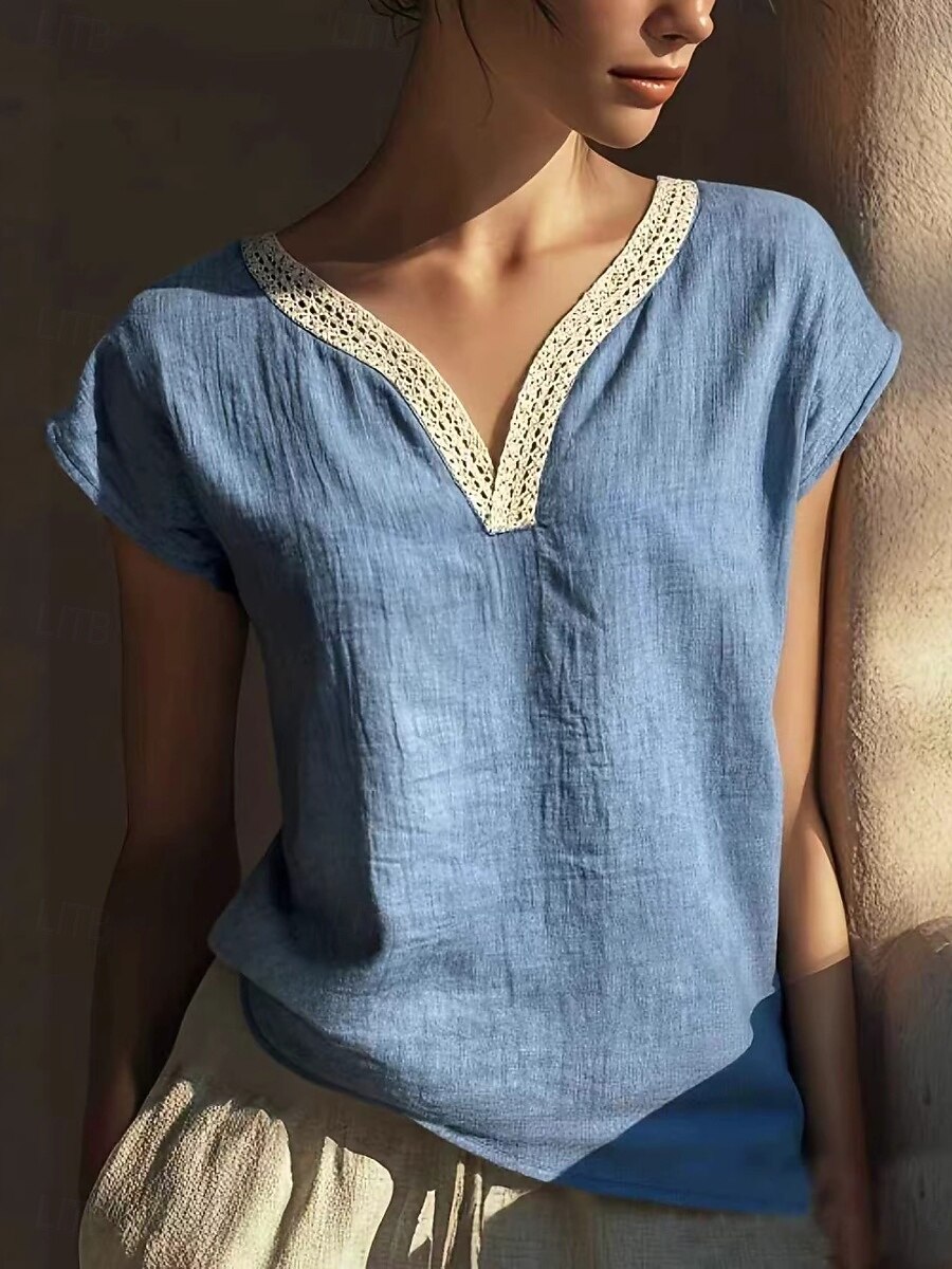 Women's T Shirt Cotton Linen T Shirt Faux Cotton Linen Tee Top Patchwork Plain Classic Casual Short Sleeve V Neck Regular Tops Daily Going out Weekend Sky Blue Apricot Gray Summer Spring 2026 - $24.99 –P1