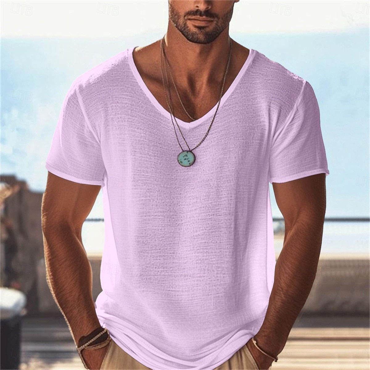 Homme T-shirt Tee-shirt Tricoté Manche Courte Col en V Été Couleur Unie Mode Léger Basique Maille Tricoté Occasionnel Vacances Rue Noir Violet Vert T-shirt haut de gamme pour homme de 2026 ? $18.99 –P7